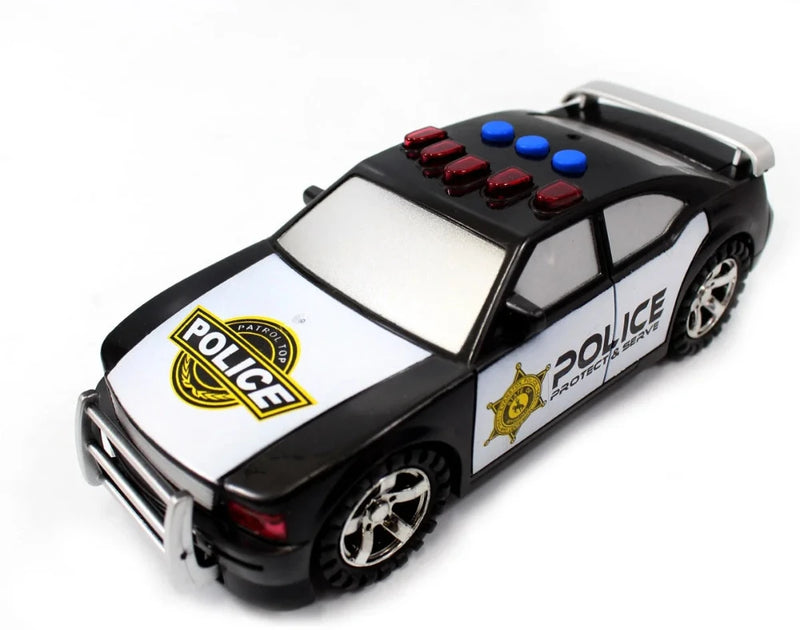 Top view of a police car toy model with 'Protect & Serve' decals and rooftop sirens