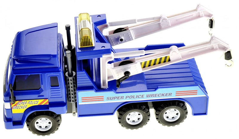 Side view of police tow truck toy with dual hooks, perfect for toddlers and kids to play as a rescue wrecker