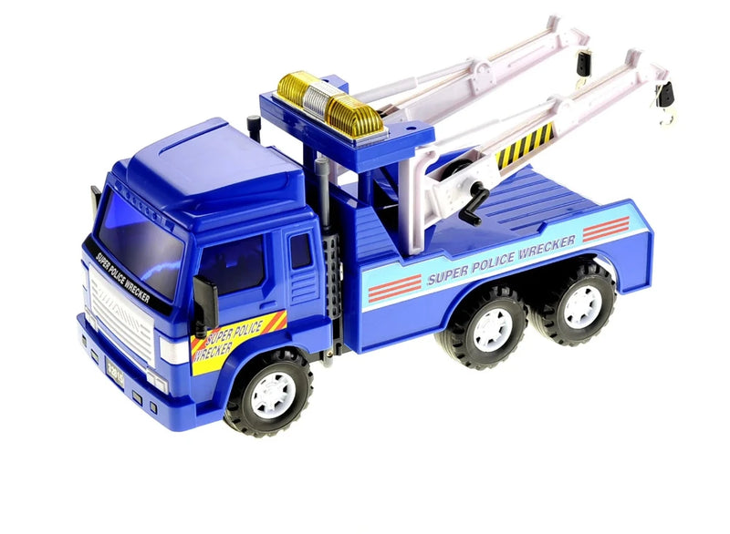 Front view of police tow truck toy with hook, designed for kids' imaginative play, featuring a sturdy blue build