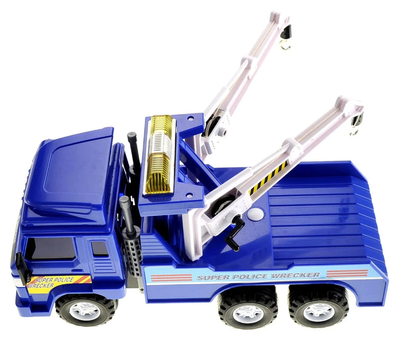Top angle of police tow truck toy showing adjustable hooks, ideal for young children’s interactive play.