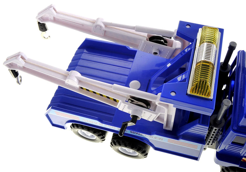 Top view of police wrecker tow truck toy with dual hooks, designed for safe and engaging play for toddlers
