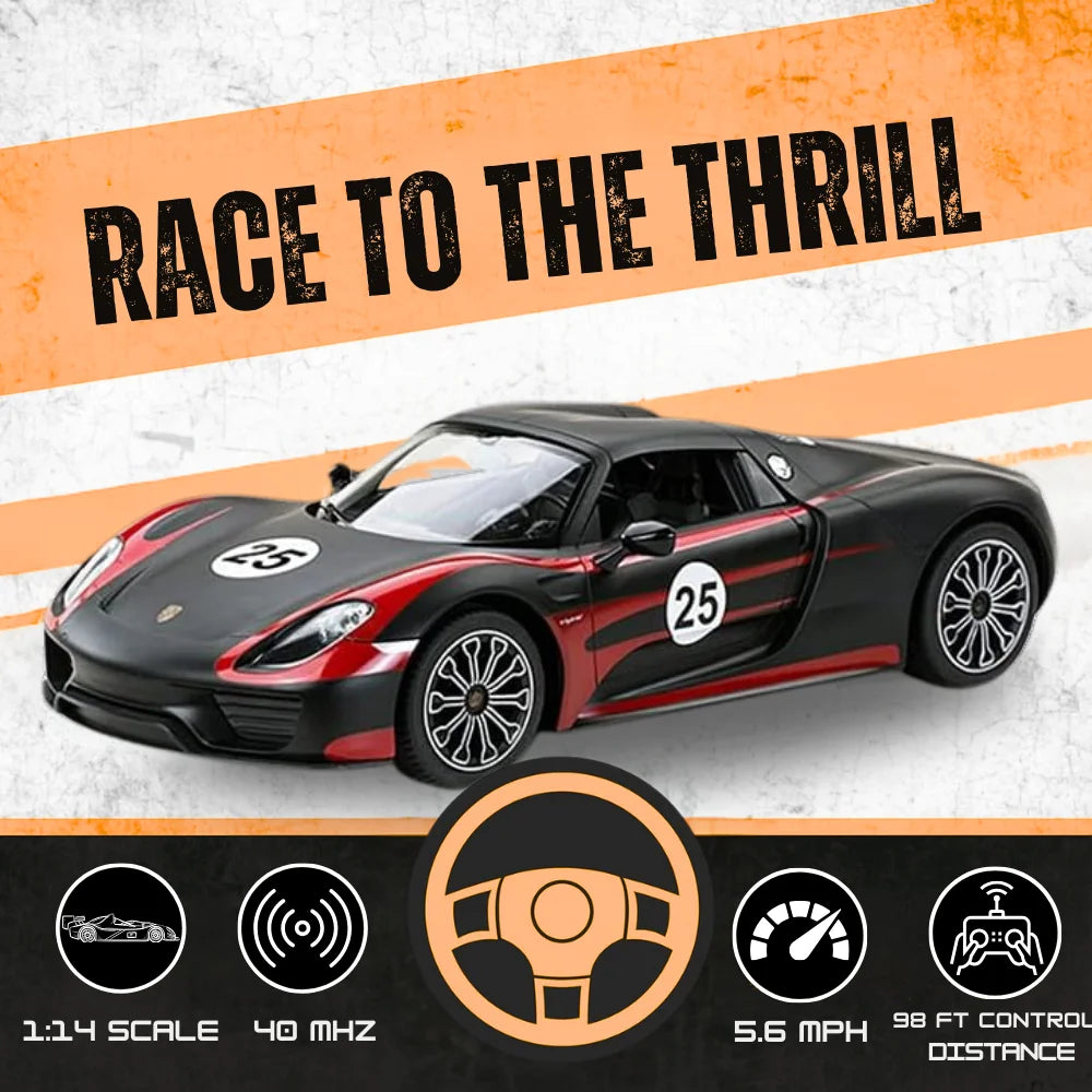 Porsche 918 Spyder remote control car with 'Race to the Thrill' theme, showcasing speed and control distance.