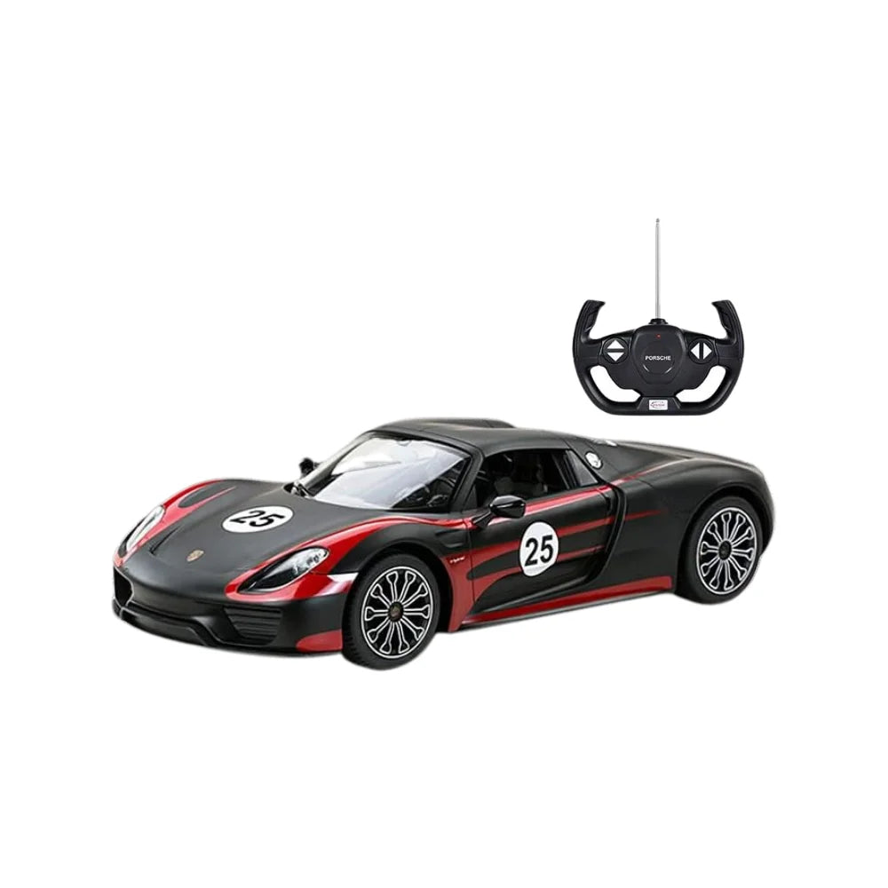 Porsche 918 Spyder remote control car with controller, sleek black and red design