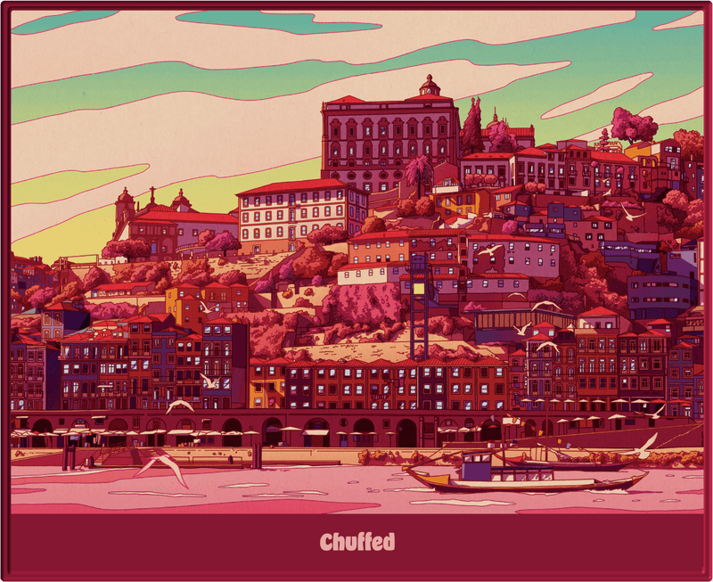Illustration of a cityscape with buildings and a river, featuring the brand 'Chuffed'.