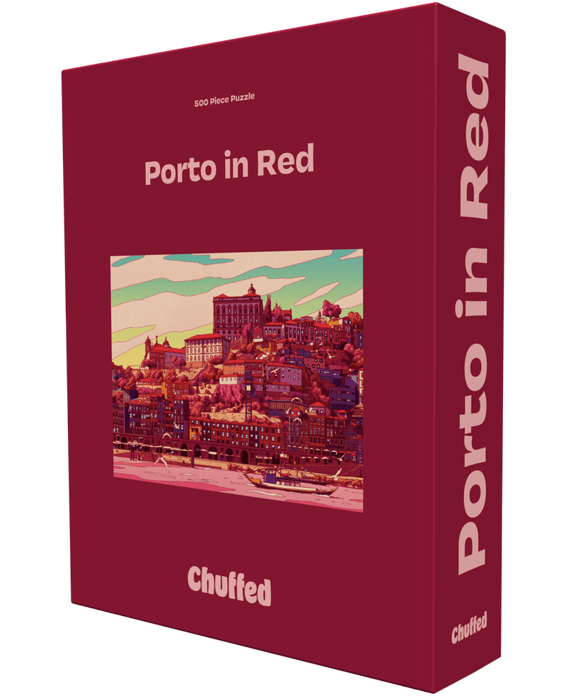 Red puzzle box titled 'Porto in Red' by Chuffed with a cityscape illustration on a clear background.