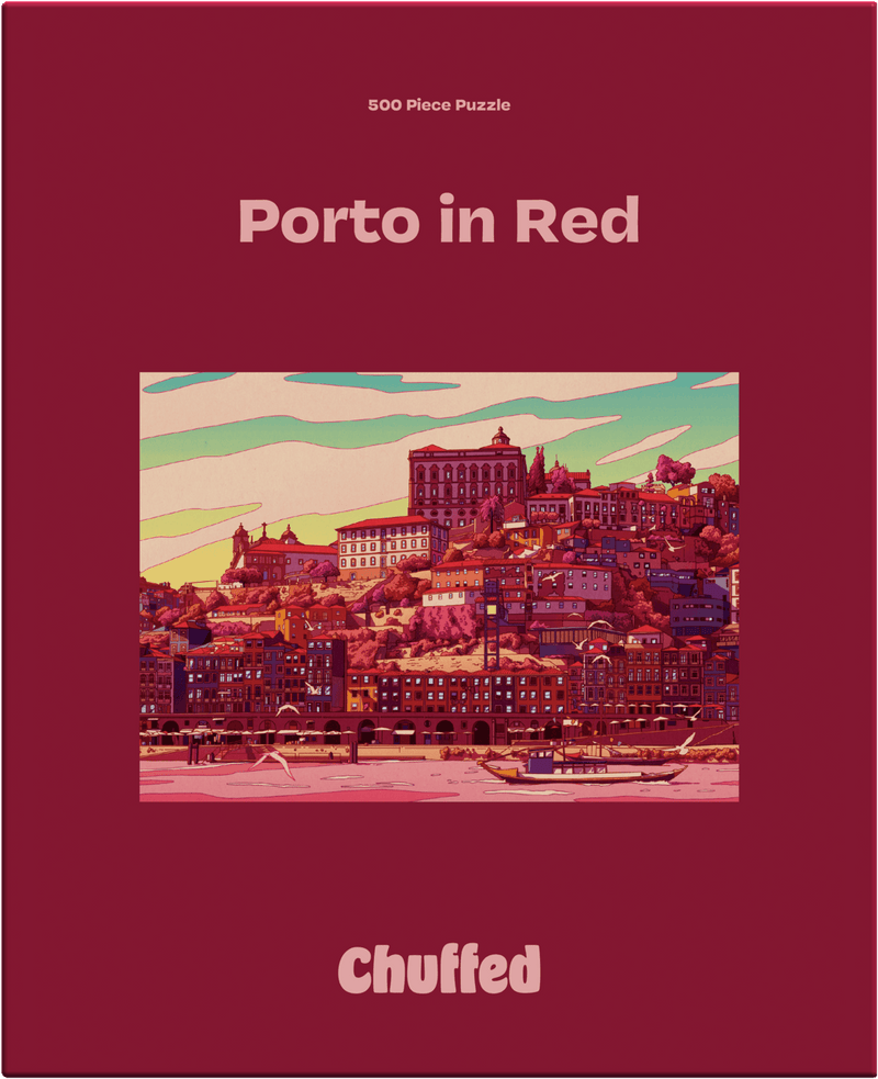 Puzzle box titled 'Porto in Red' by Chuffed with a cityscape illustration on a red background.