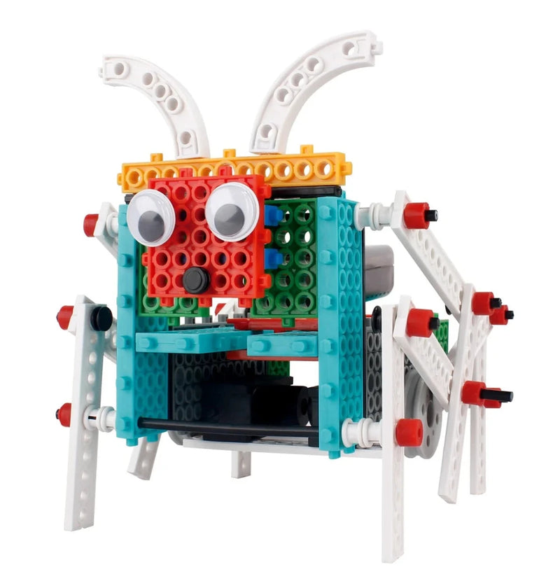 Cute bug model built from a preschool robotics kit, designed with large eyes and flexible limbs for imaginative play