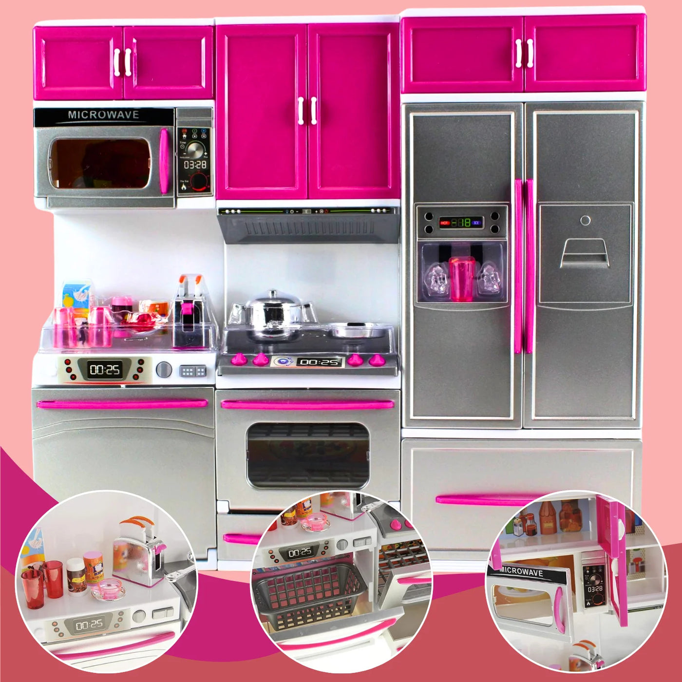 Pretend play kitchen set for toddlers with realistic storage compartments, including microwave, fridge, and cupboard for imaginative play