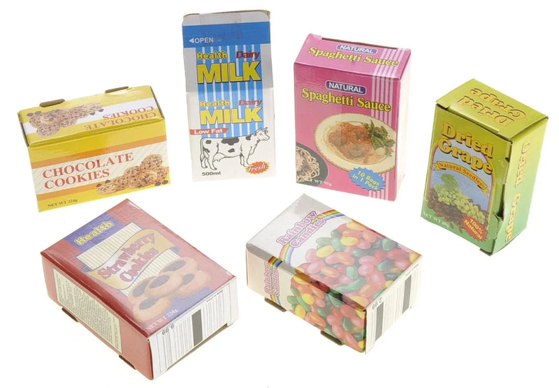 Boxed food set for pretend play featuring milk, cookies, spaghetti sauce, dried grapes, and rainbow candies