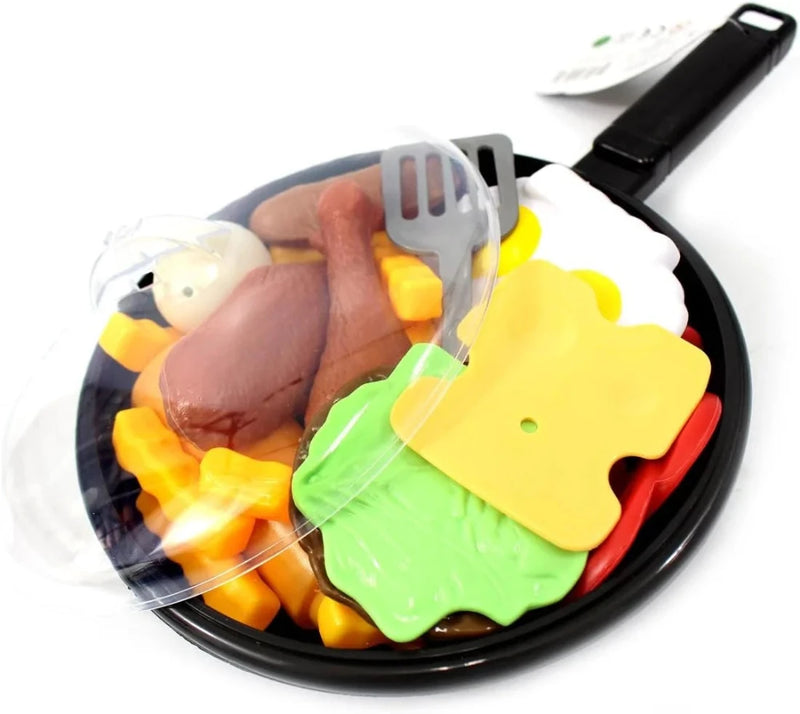 Pretend play cooking set featuring plastic food items in a pan with condiments, perfect for kids' imaginative play