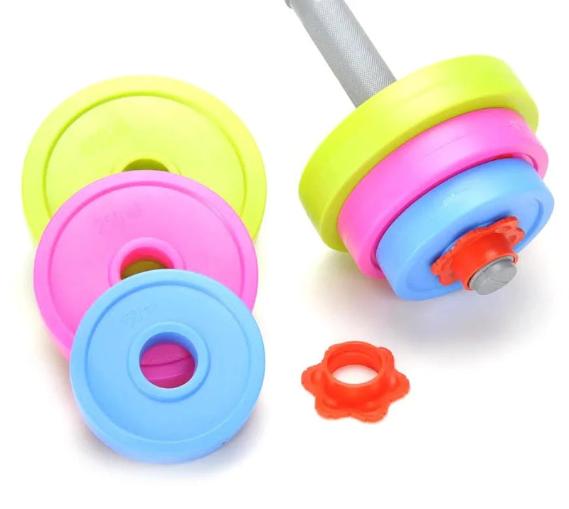 Pretend play dumbbell set for kids with bright, vibrant weights, promoting exercise and fitness interest in a playful way.


