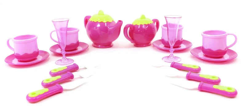 Pretend play kitchen tea set toy with pink cups, plates, and cutlery, ideal for kids' tea party