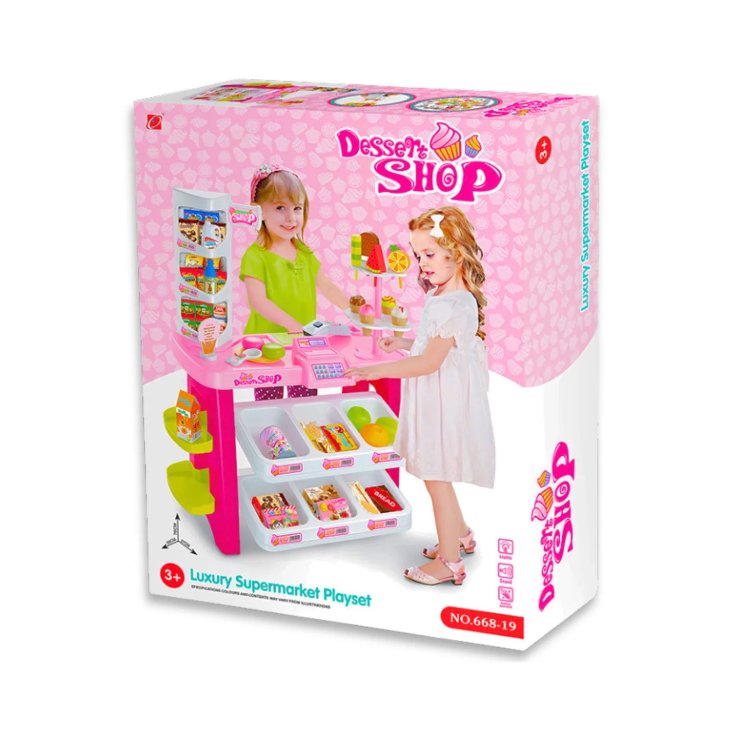  Two girls playing with a pretend play supermarket set featuring a cash register and food.