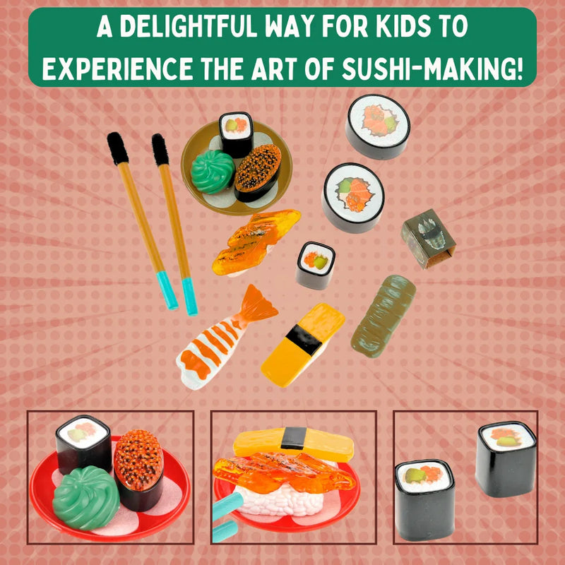 Detailed pretend play sushi toy set with various sushi pieces, encouraging creativity in kids