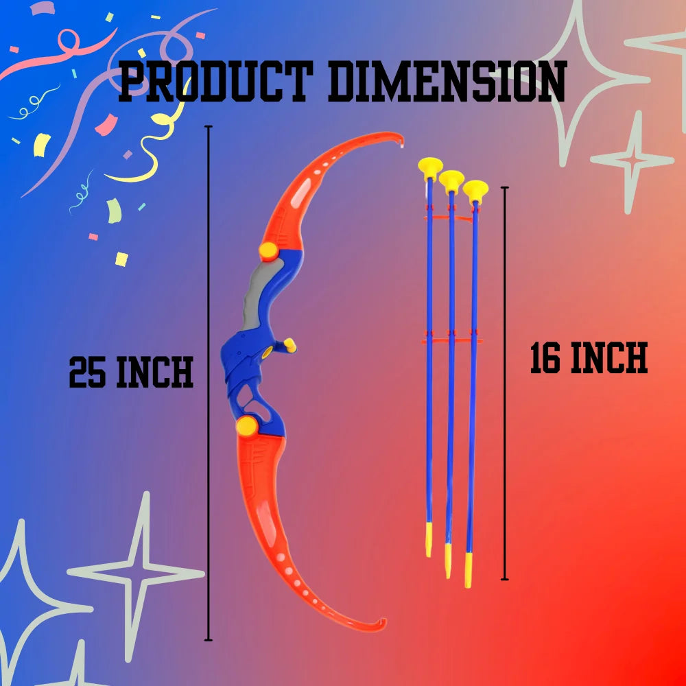 Product dimensions of kids' bow and arrow set, 25-inch bow and 16-inch arrows.