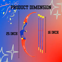 Product dimensions of kids' bow and arrow set, 25-inch bow and 16-inch arrows.