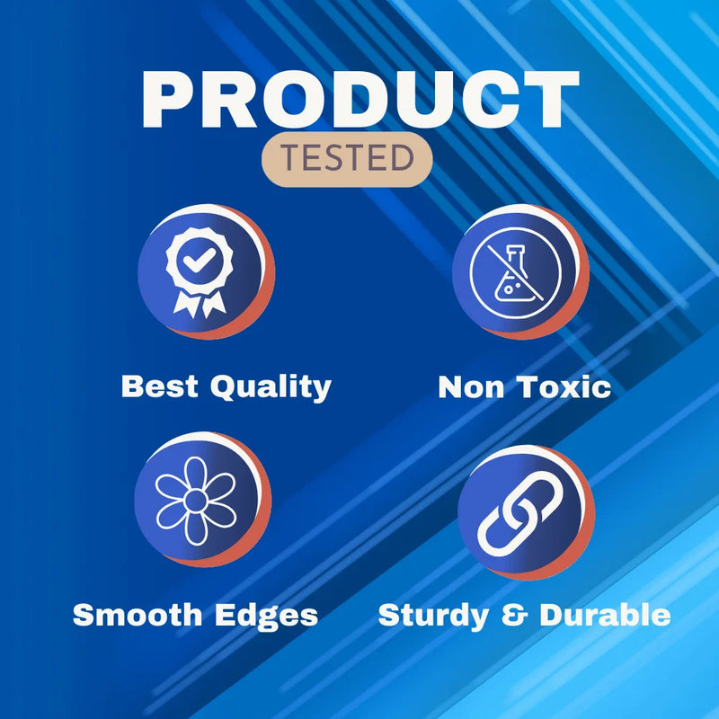 Product quality assurance icons highlighting features: best quality, non-toxic, smooth edges, sturdy and durable - perfect for safe and reliable toys