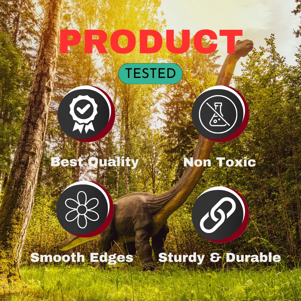 Dinosaur toy quality assurance icons: non-toxic, smooth edges, sturdy design.