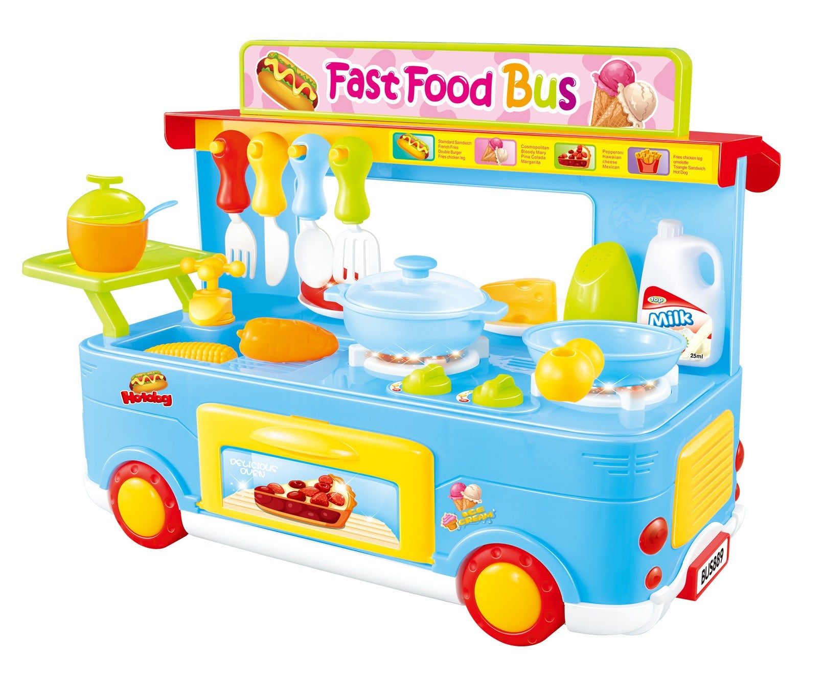 29-Piece Fast Food Bus Kitchen Play Set – Interactive Blue Cooking Toy for Kids