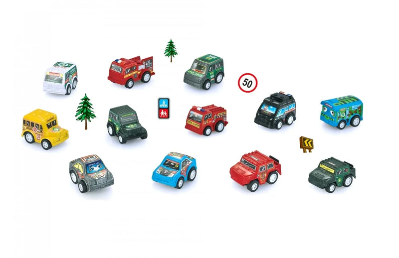 Assortment of pull back toy cars with road signs and tree decorations, perfect for imaginative play