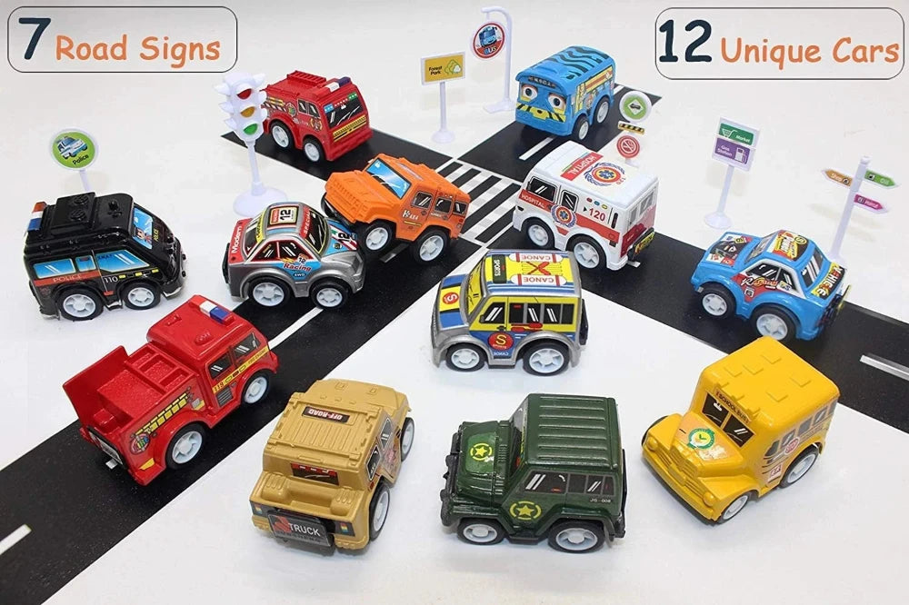 12-Piece Pull Back and Go Toy Cars with Road Signs – Fun Vehicle Playset for Kids