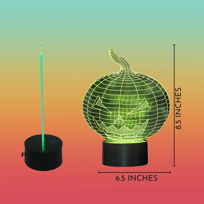 Halloween pumpkin LED lamp measuring 8.5 inches tall and 6.5 inches wide