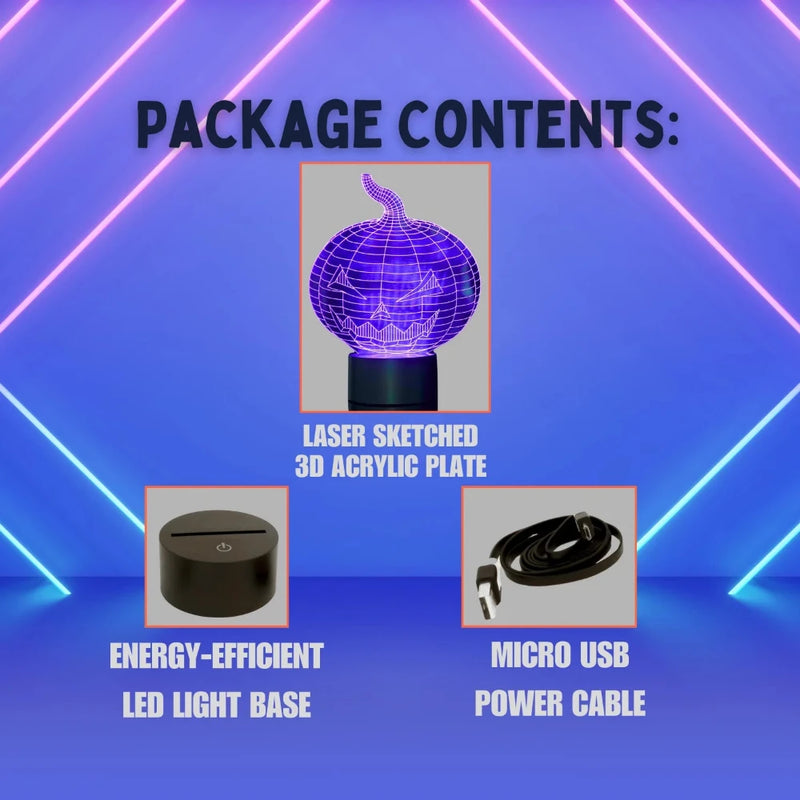 Package contents of Halloween pumpkin LED lamp including LED base and micro USB power cable