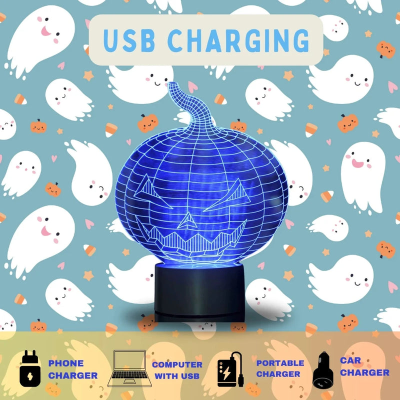 Halloween pumpkin LED lamp with USB charging capability, perfect for any power source