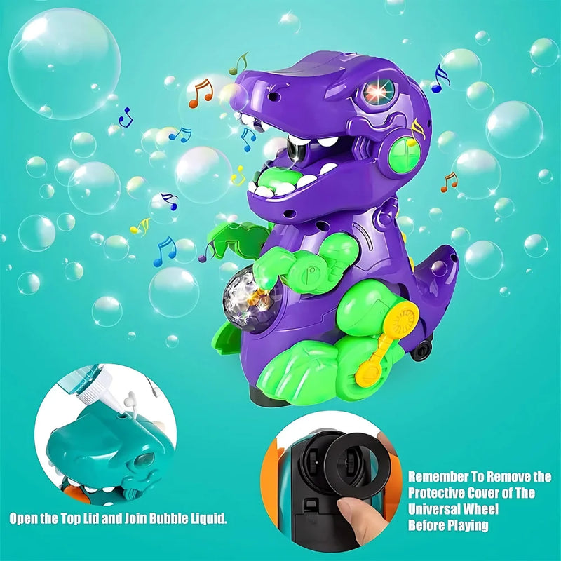 Purple dinosaur bubble machine with vibrant bubbles, music, and light, designed for endless entertainment