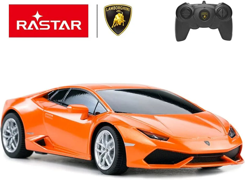 Orange Lamborghini model car with Rastar logo and remote control on a white background