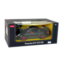 Model car of Porsche 911 GT3 RS in a transparent box on a white background