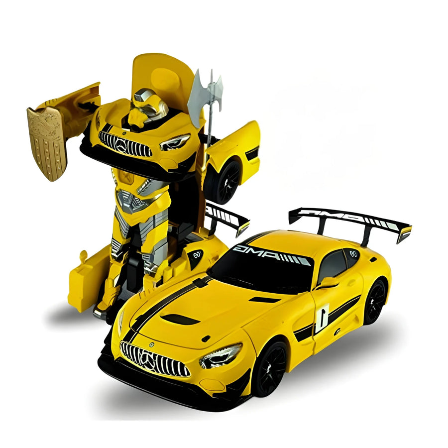 Toy robot transforming into a yellow sports car on a white background