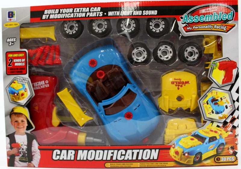 Boxed set of race car modification toys, featuring a blue toy car, tires, tools, and customizable parts for kids