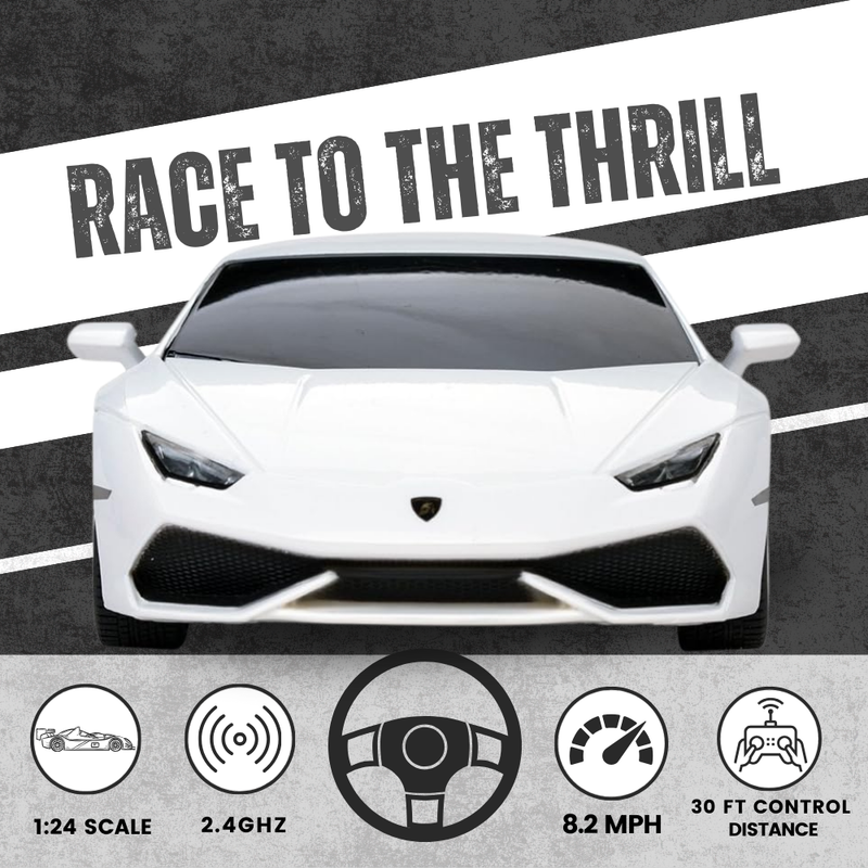  RC Lamborghini Huracan with "Race to the Thrill" slogan, showcasing speed and control features.