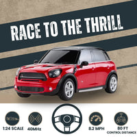 Mini Cooper RC car with 'Race to the Thrill' tagline, showing scale and speed specifications.