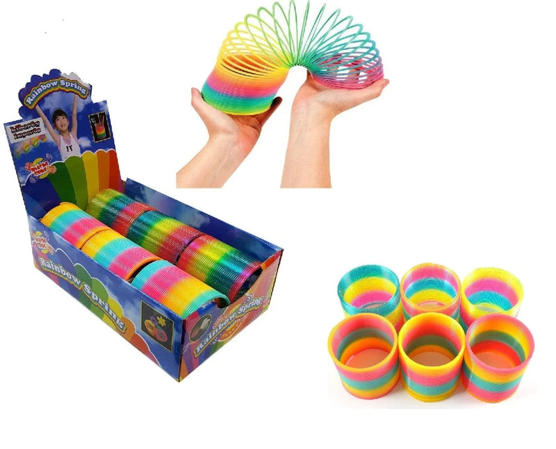 Display box of rainbow magic spring toys, with coils in various vibrant colors for kids' fun