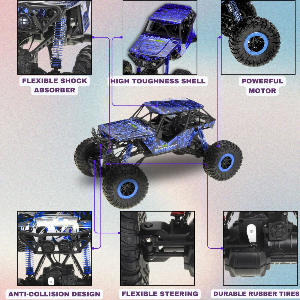 1/10 scale rally RC car showcasing shock absorbers, rubber tires, and anti-collision design