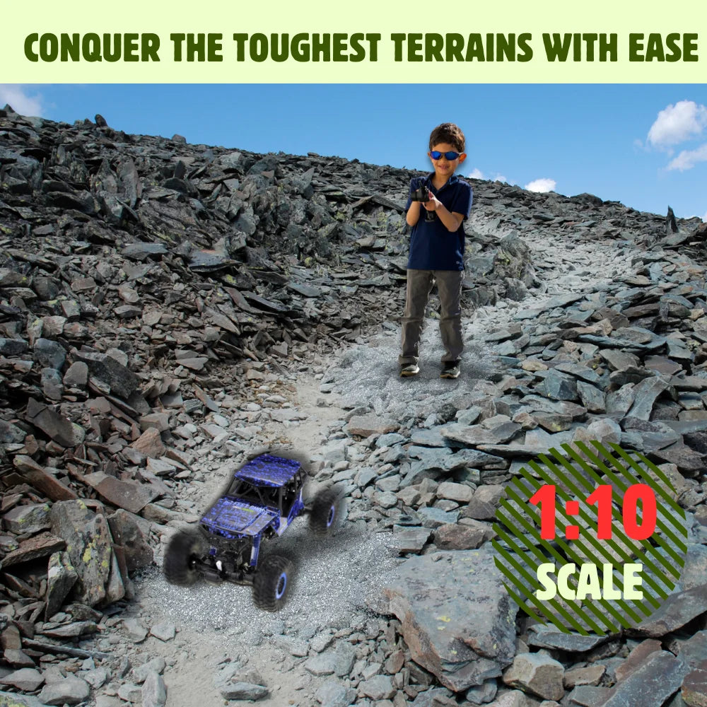 1/10 scale rally RC car conquering tough rocky terrain with ease.