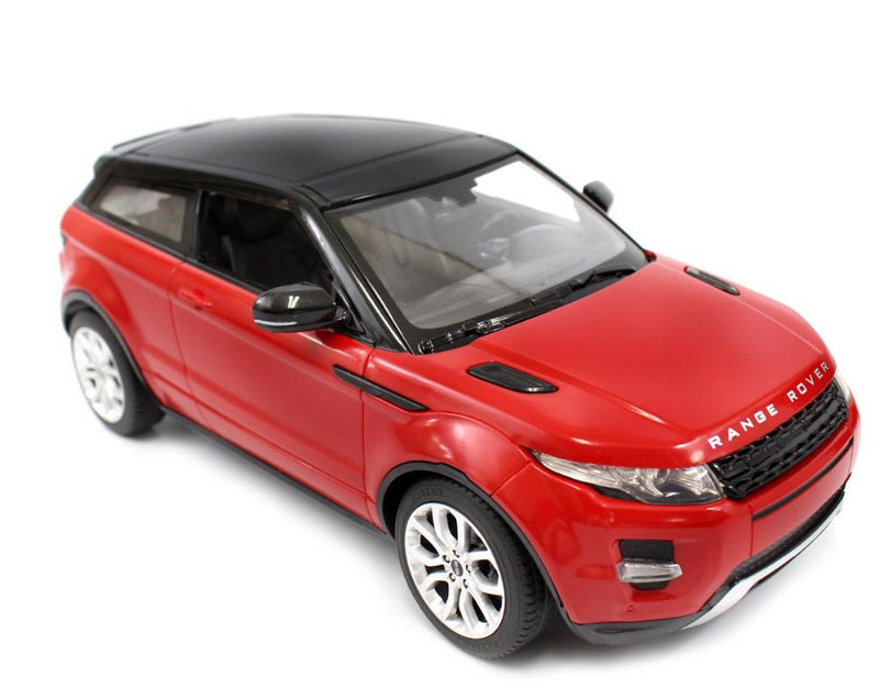 Closeup of the front design of the red Range Rover RC car - realistic headlights and grill.