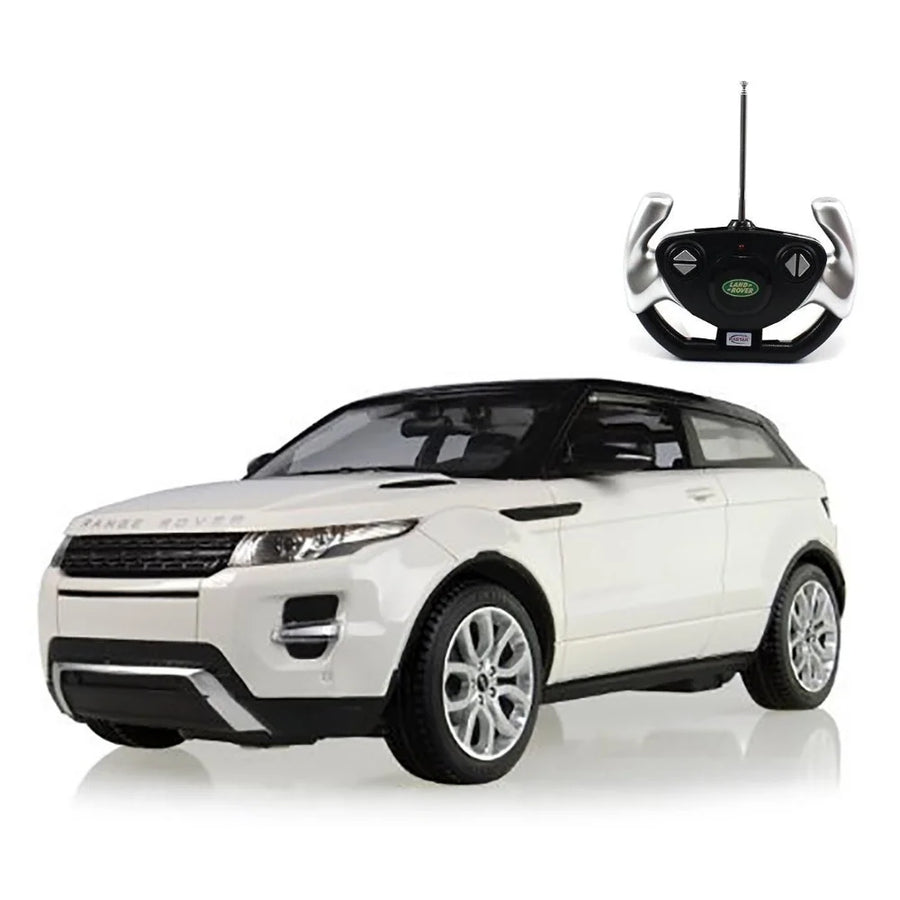 Range Rover toy car with remote control for kids - white model with realistic details and remote functionality.