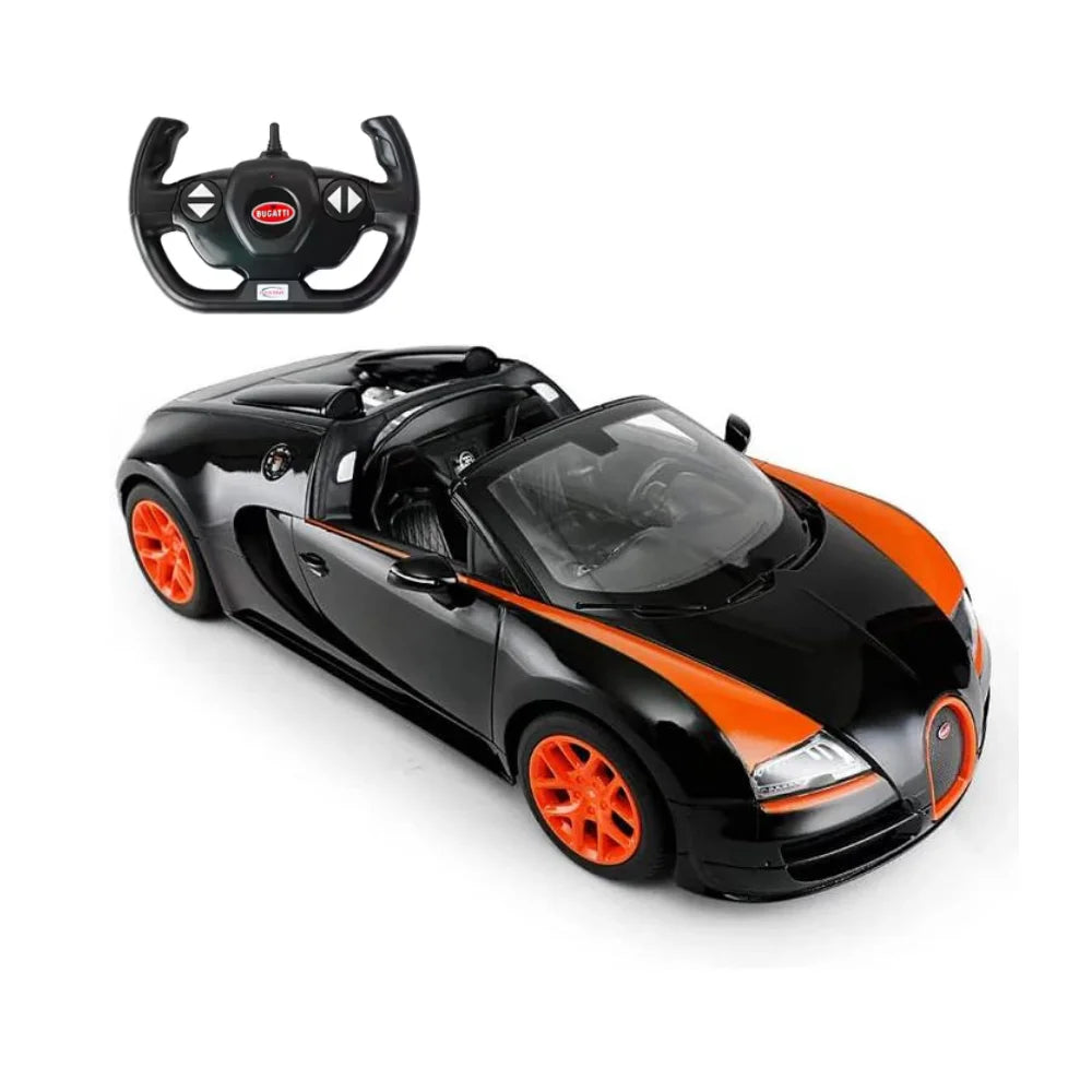 RC Bugatti in black and orange with remote control, showcasing the sleek design and intricate detailing of this Bugatti RC car.