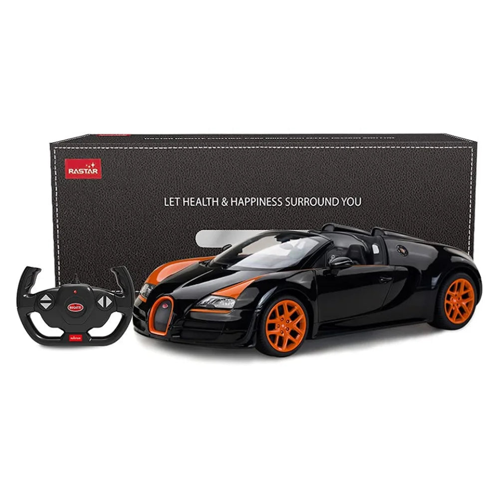  RC Bugatti car with packaging box, ideal for gift-giving, highlighting the remote control and authentic Bugatti detailing.