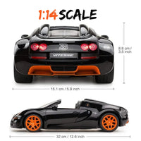  RC Bugatti car dimensions in 1:14 scale, highlighting its realistic proportions and compact size for thrilling remote control play.