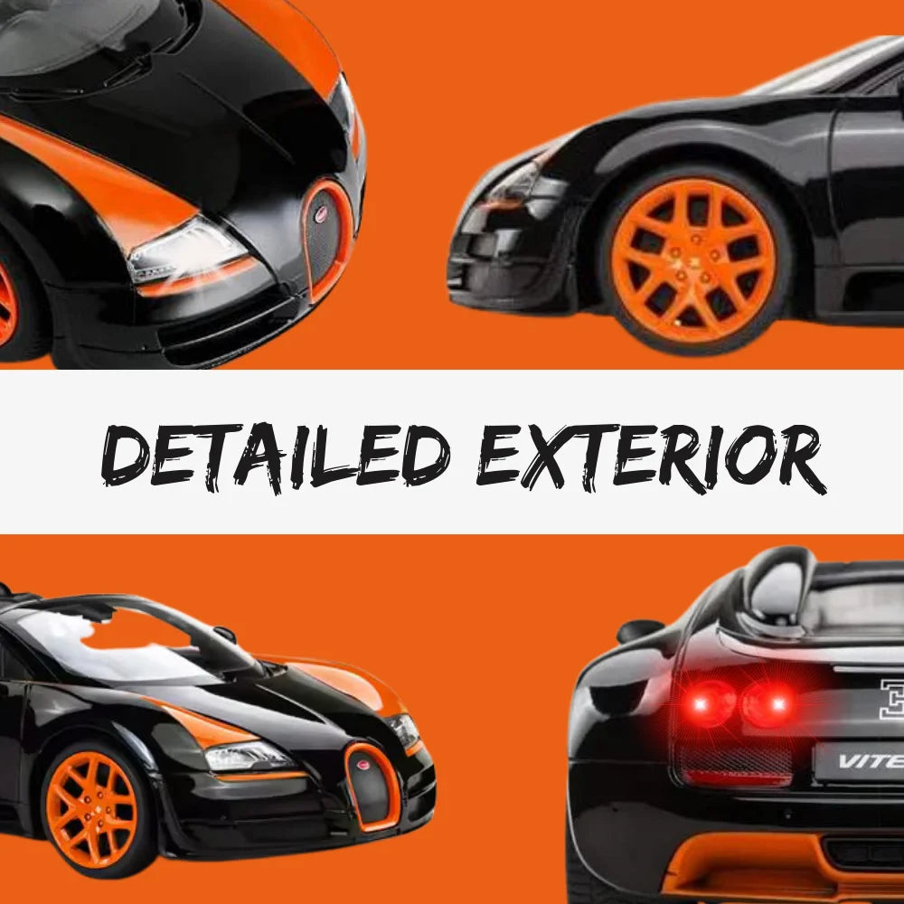 Exterior details of RC Bugatti with orange rims and sleek black body, showcasing high-quality craftsmanship.