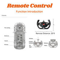 RC Bugatti remote control functions and chassis layout, featuring fine-tuning, battery compartment, and 30-ft control distance.