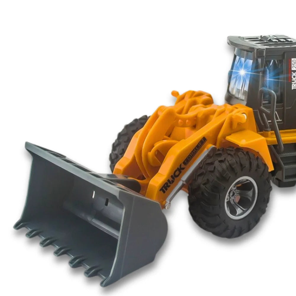 Close-up of RC bulldozer showcasing detailed build, perfect for heavy-duty outdoor remote control play