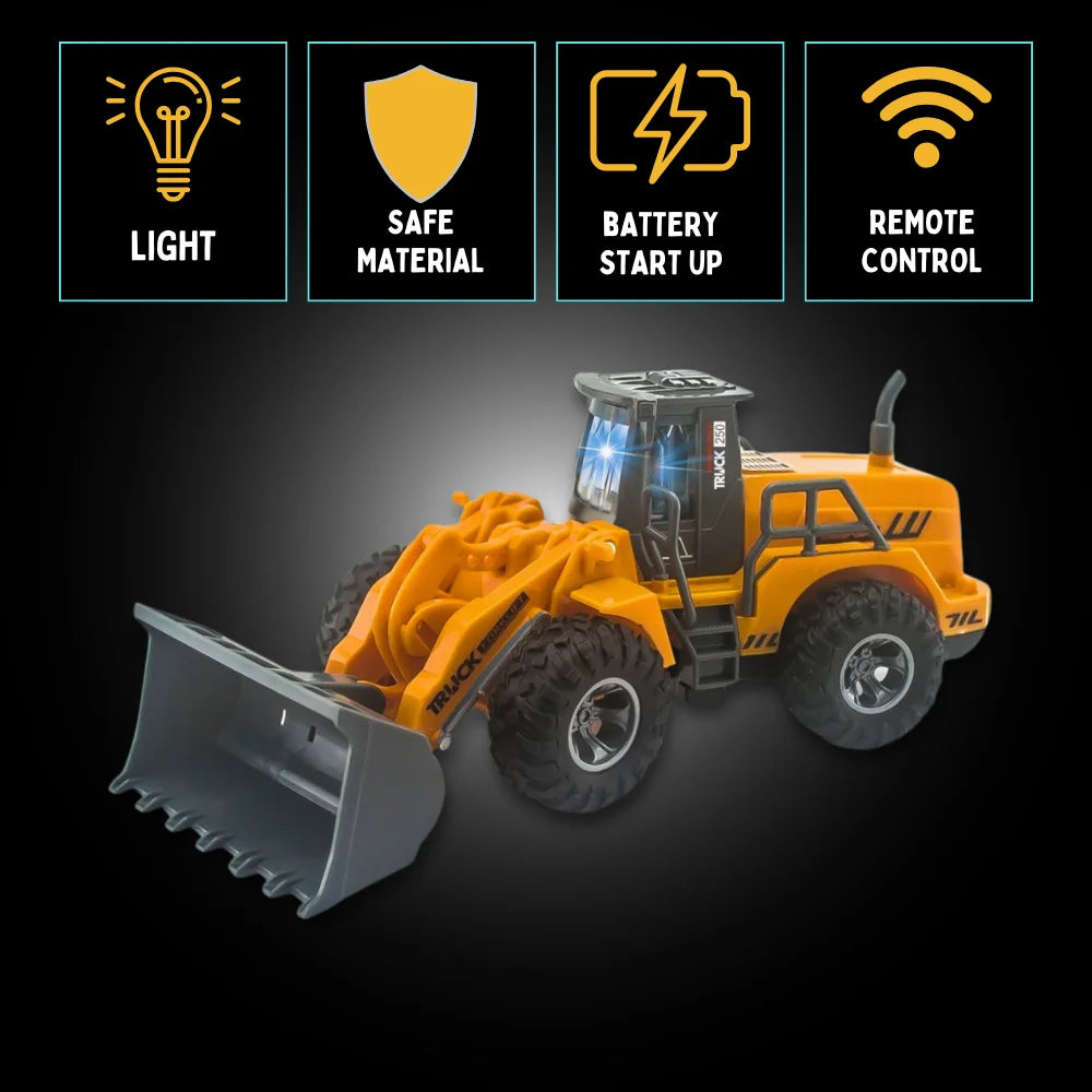 RC bulldozer with light, safe material, battery startup, and remote control functionality for immersive play