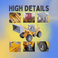 High-detail features of RC bulldozer, including tracks, lights, and functional scoop for realistic play