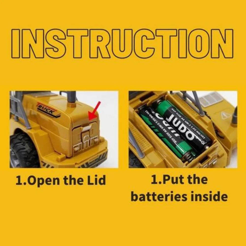 Instructions for RC bulldozer battery setup, ensuring ease of use and quick start for kids and adults