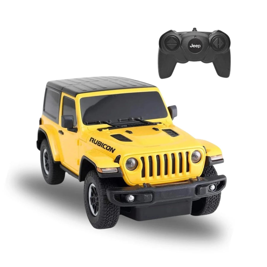 RC Jeep Wrangler Rubicon toy car with remote control in vibrant yellow